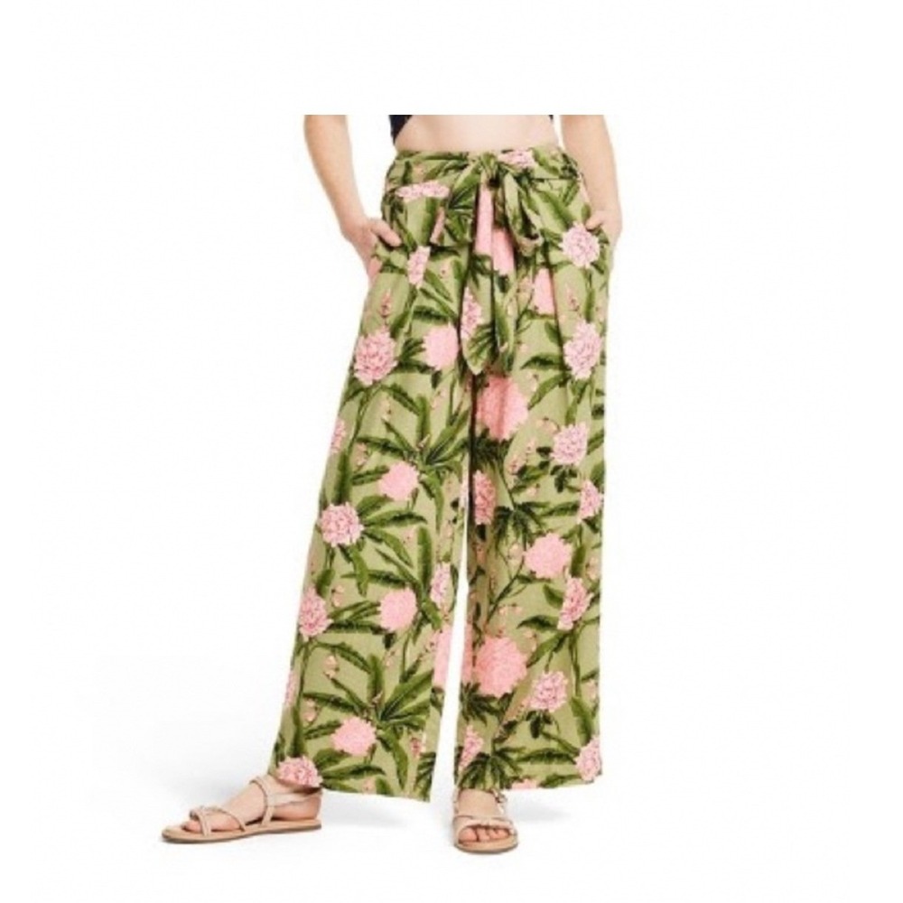 Agua Bendita x Target‎ Peony Print Wide Leg Pants Green Pink Floral High Rise M